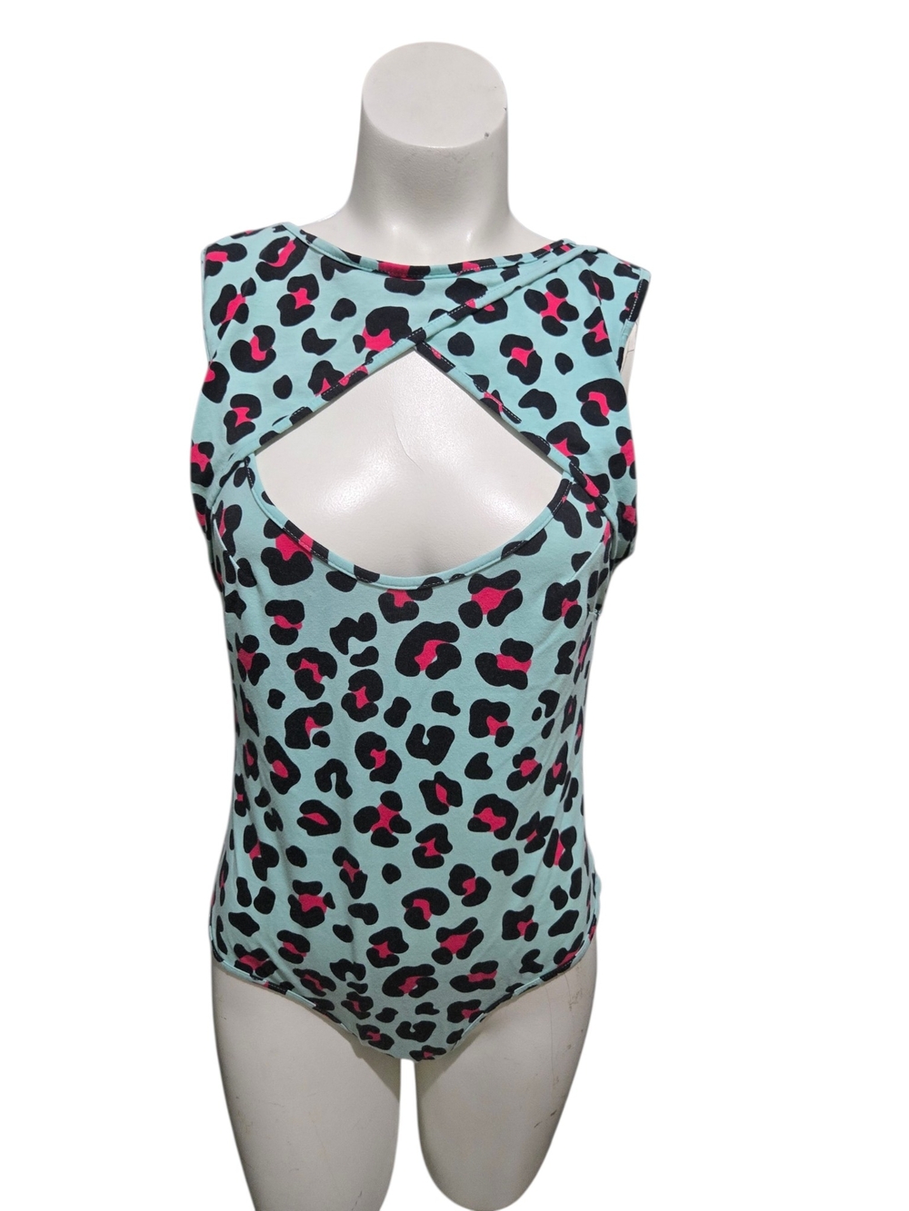 Tiger Mist Leopard Print Cutout Bodysuit Size 12 Aqua Pink Black